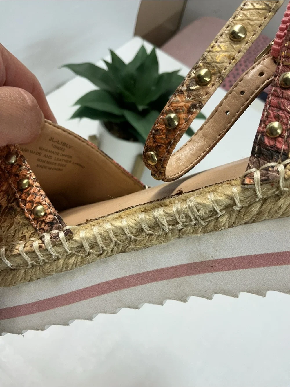 Woven Snake-Print Espadrille Flatform Sandal in Pink and Tan